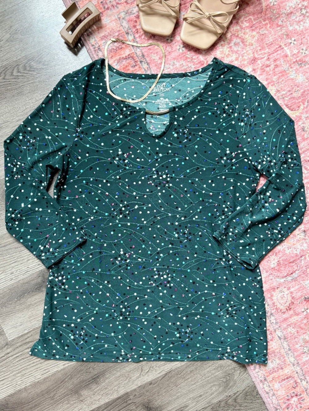 3/4 Sleeve Keyhole Blouse Green Multicolor XS Petite